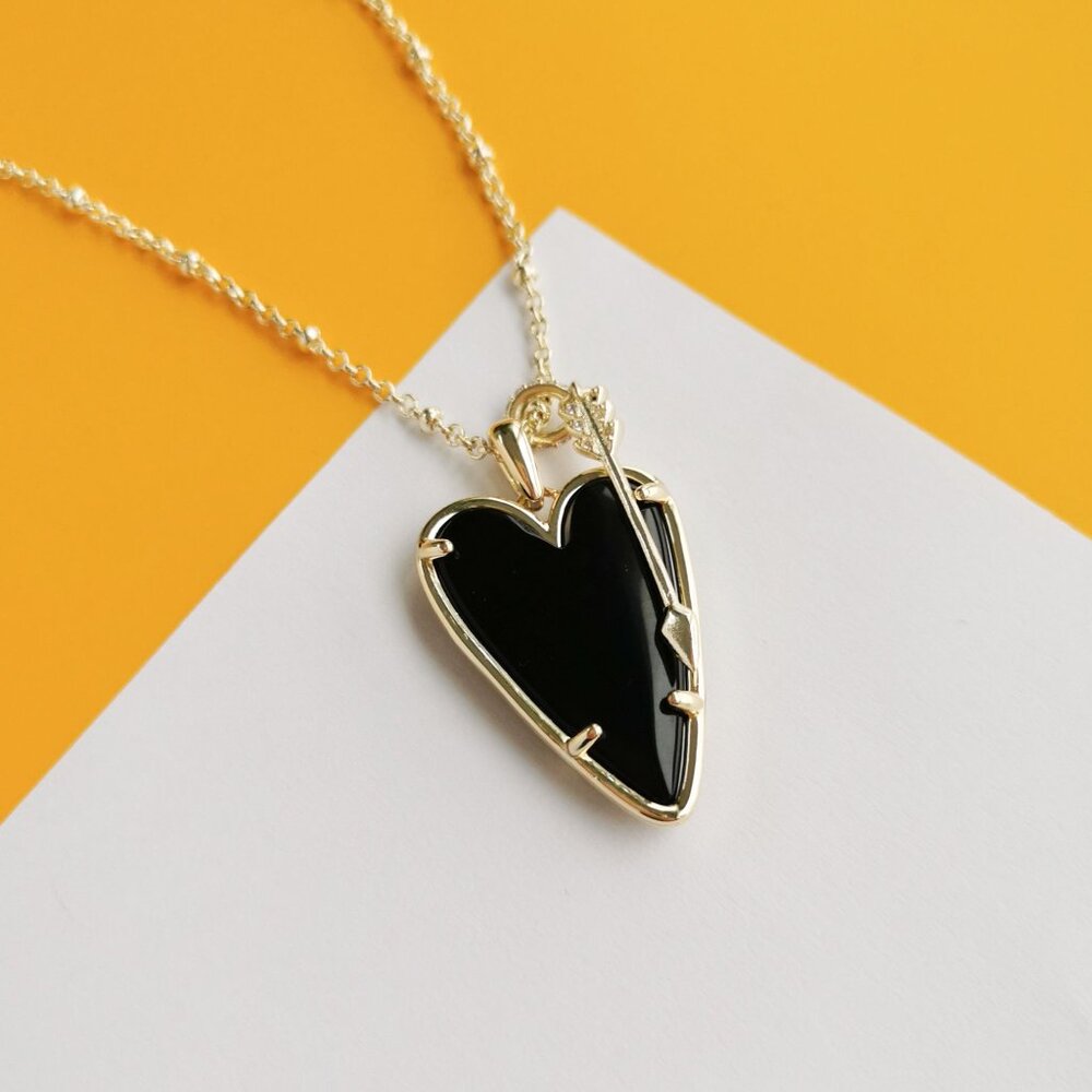 Ansley Heart Gold Black Obsidian Long Pendant Necklace by Kendra Scott